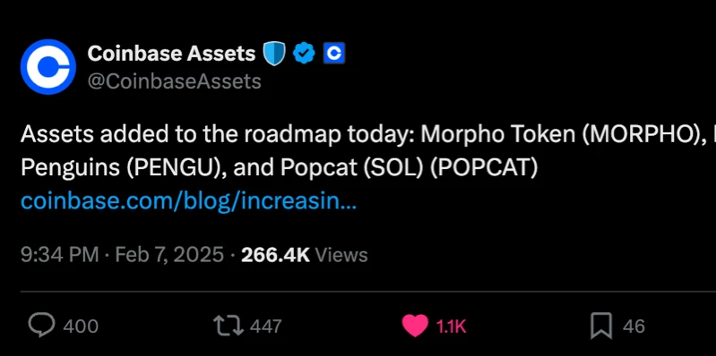 Coinbase Announces New Asset Additions to Roadmap Including Morpho Token, Pudgy Penguins, and Popcat