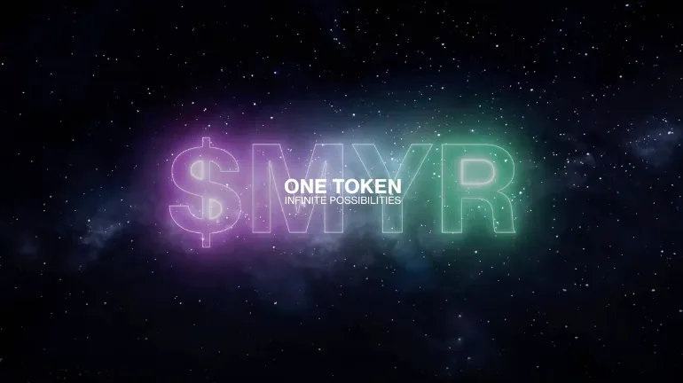 霓虹 $MYR 标志，背景是星空，文字是“一个代币，无限的可能性”
