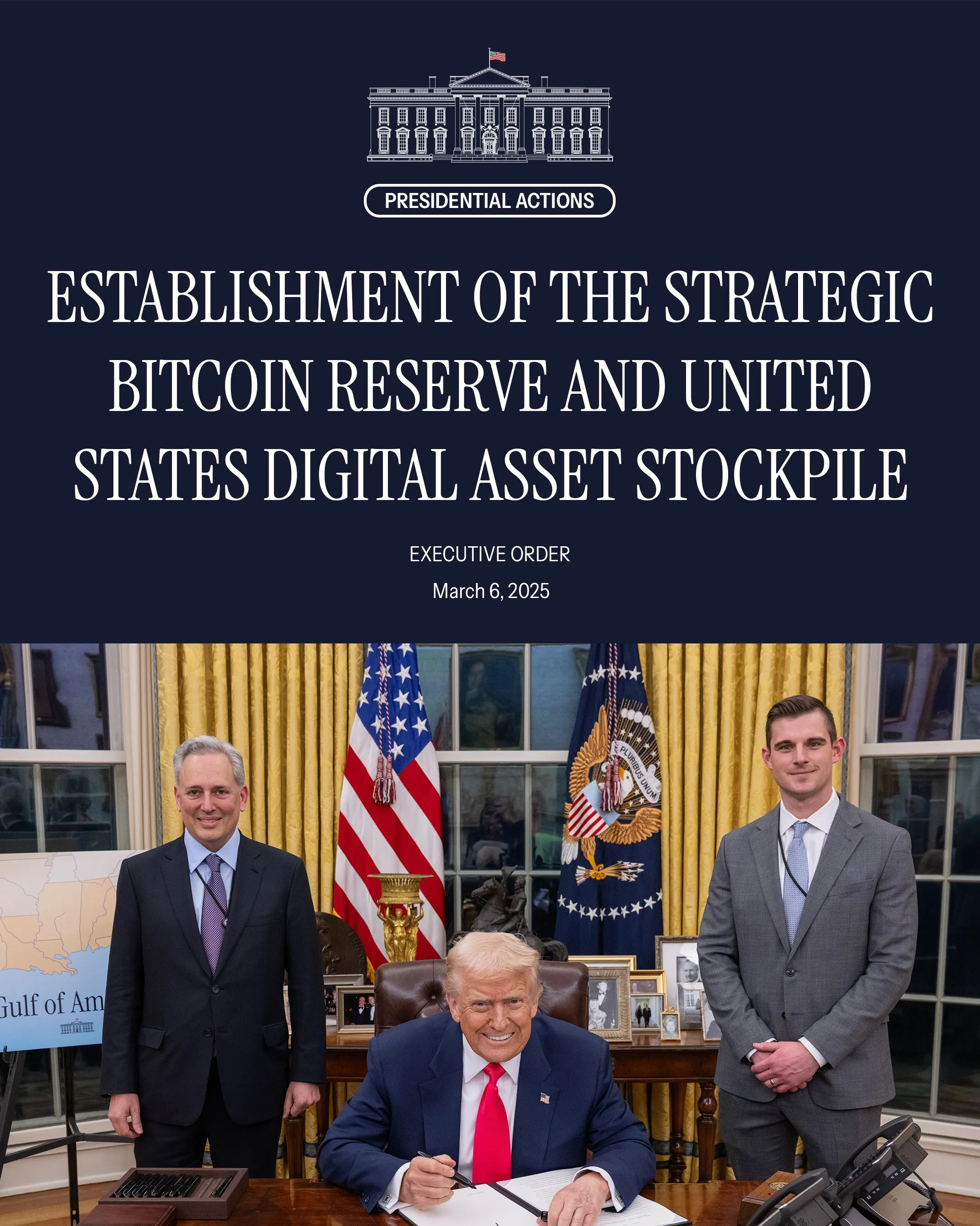 President Trump signing the executive order for the Strategic Bitcoin Reserve in the Oval Office, flanked by U.S. flags and officials