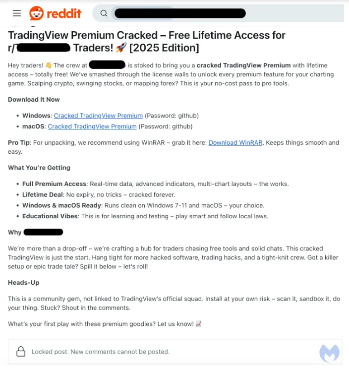 사이버 보안 경고: 2025년 Reddit 사용자, TradingView 악성코드 사기에 표적