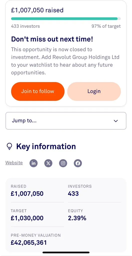 Revolut crowdfunding campaign screenshot showing £1,007,050 raised from 433 investors