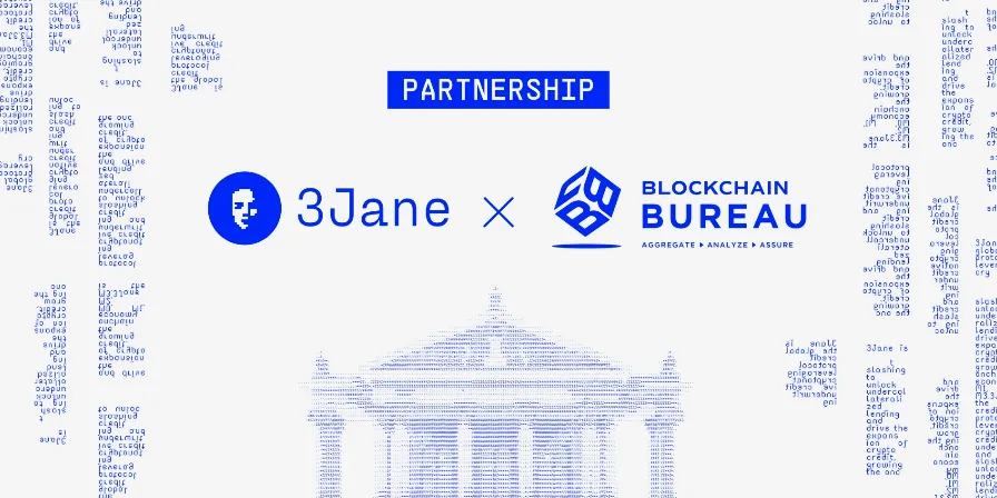 3Jane과 The Block Bureau 파트너십 그래픽. 파란색 픽셀 얼굴과 Ethereum 거래 데이터가 특징입니다.