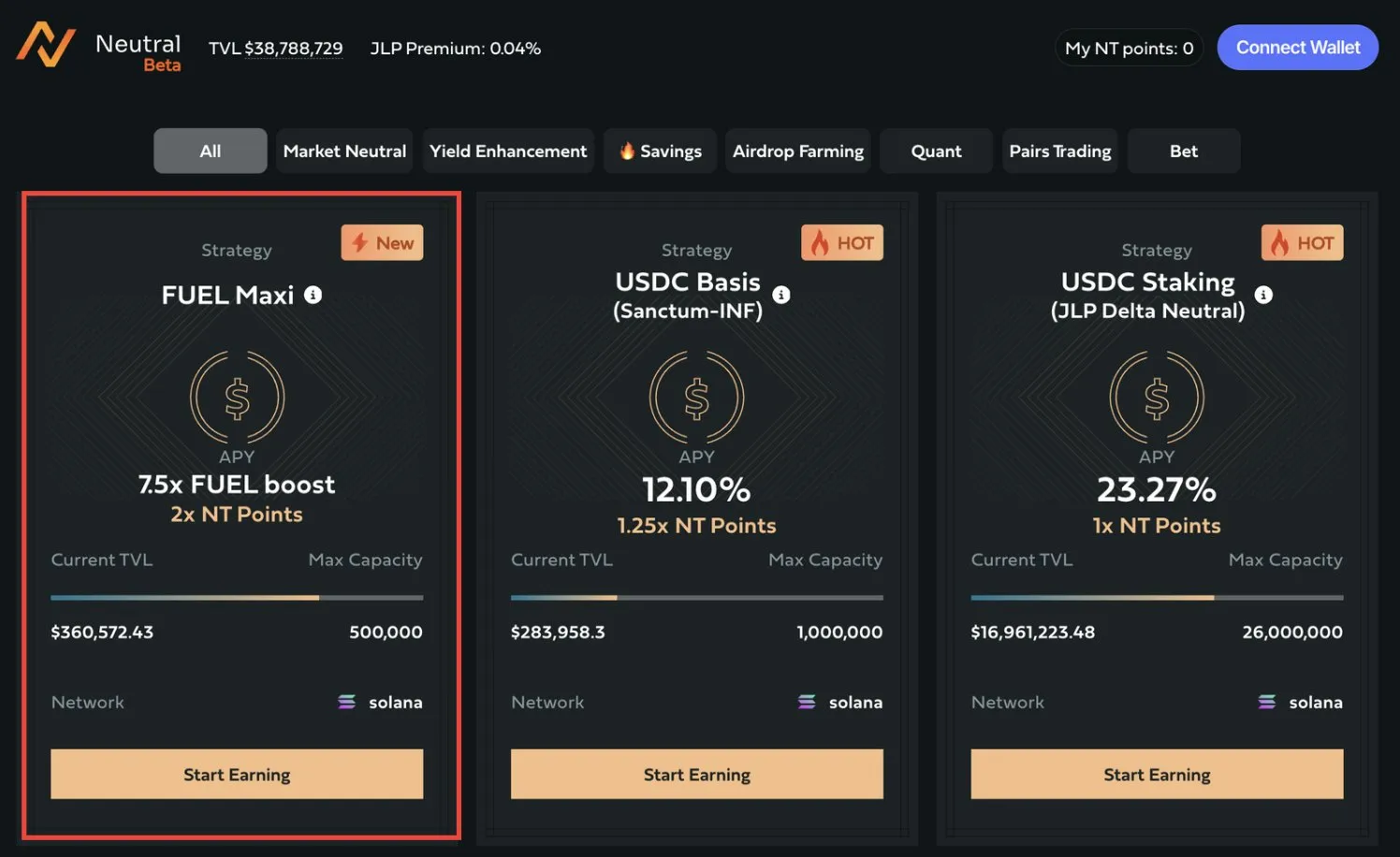 Neutral Trade FUEL MAXI vault interface showing 7.5x FUEL boost and deposit options