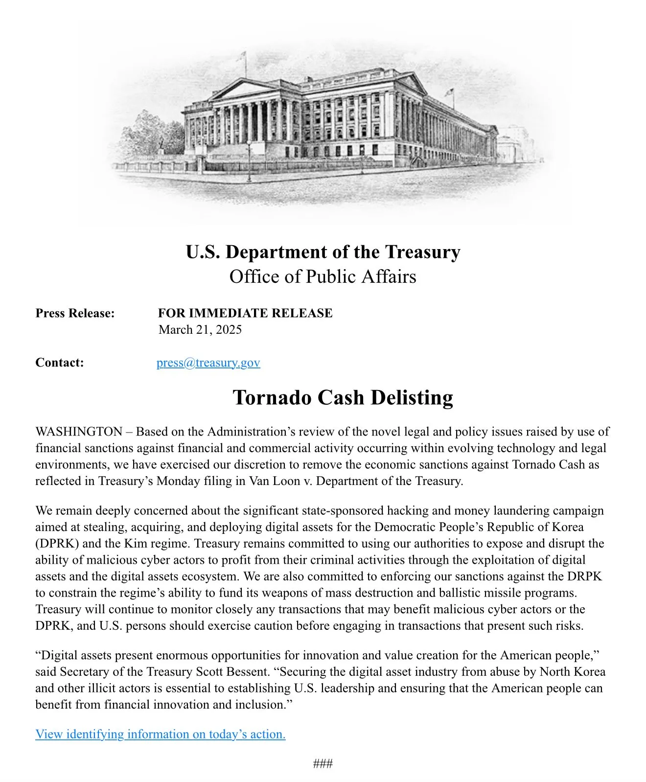 美国财政部关于解除对 Tornado Cash 制裁的新闻稿