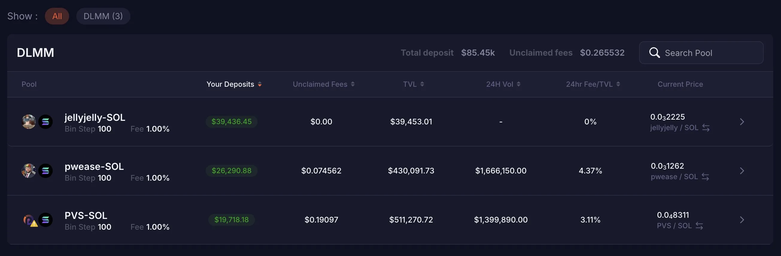 $JELLYJELLY 및 $PWEASE와 같은 토큰이 있는 활성 풀을 보여주는 DLMM 풀 대시보드