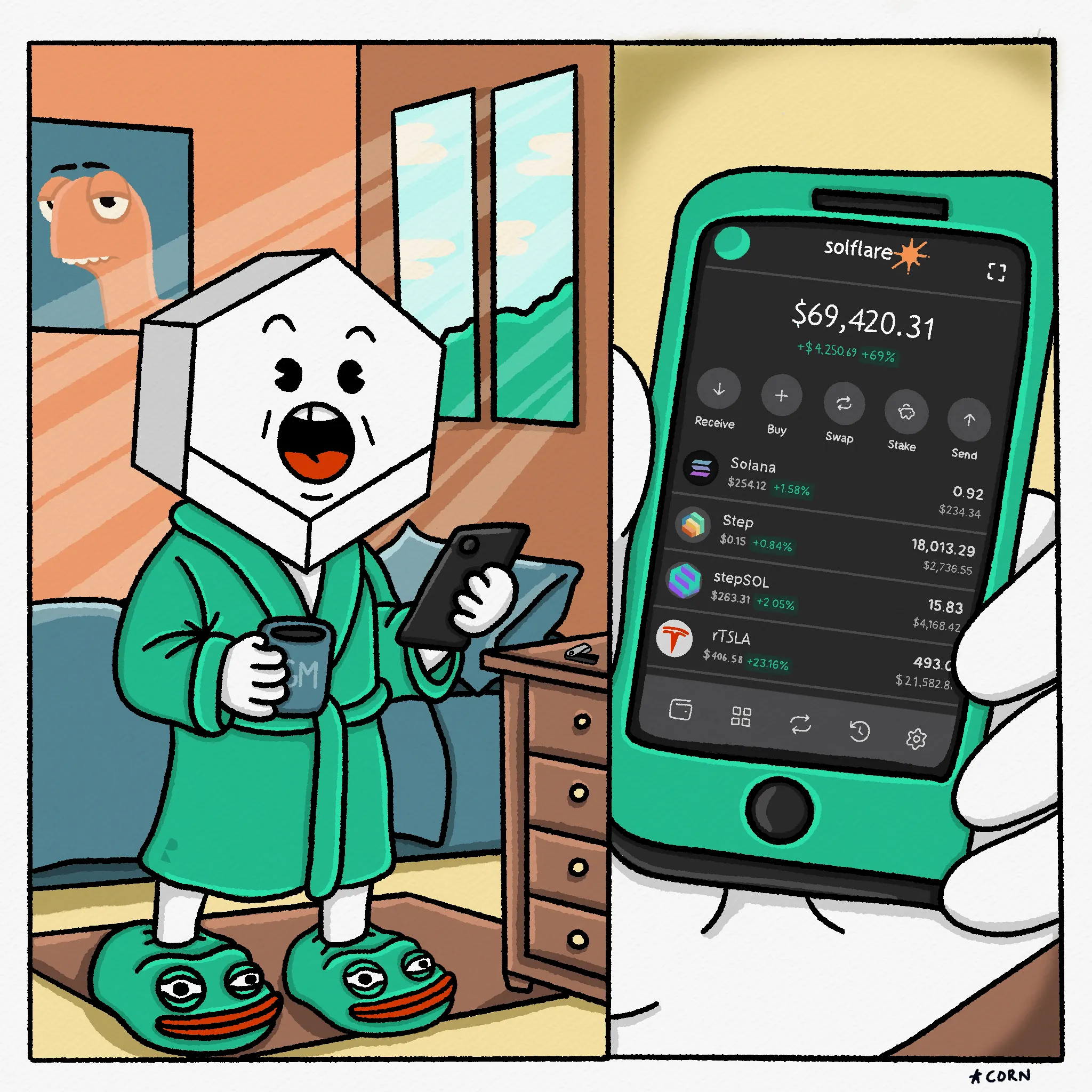 Cartoon character checking tokenized stock prices on Solana wallet