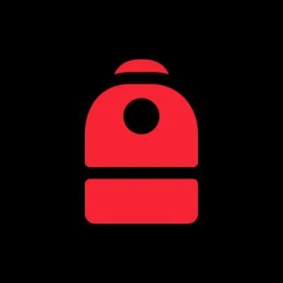 Backpack logo featuring a red stylized backpack with a black circle on a black background