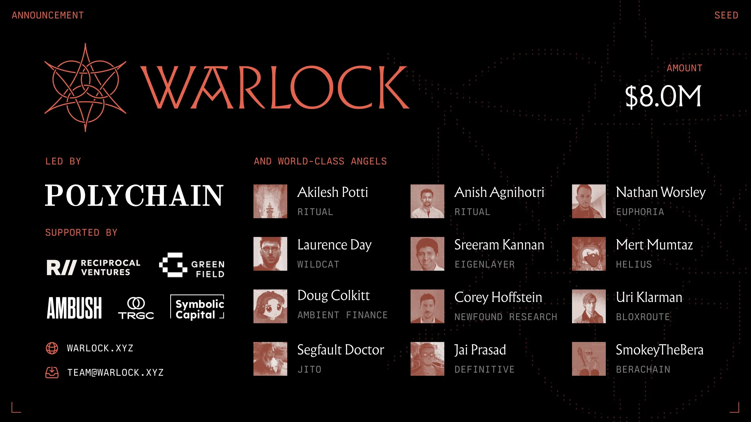 Warlock $8M seed round announcement graphic featuring team and investors