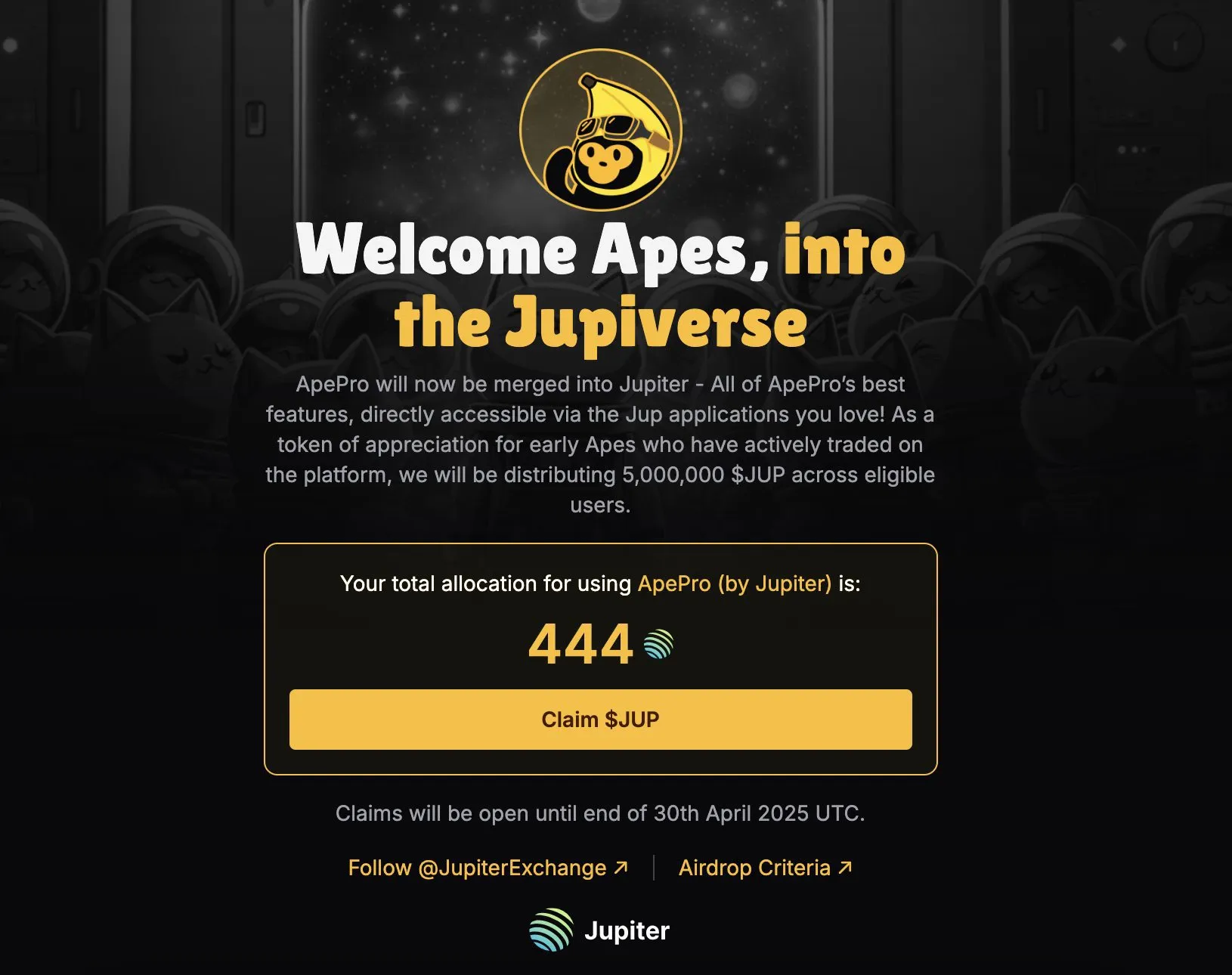 Jupiter交易所空投：为Solana上的ApePro用户空投500万枚 $JUP 代币