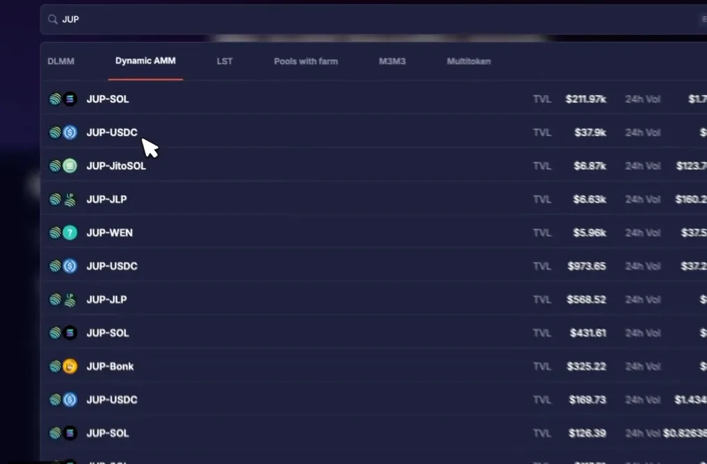 Meteora Explore Pools page with Universal Search Bar and new filters
