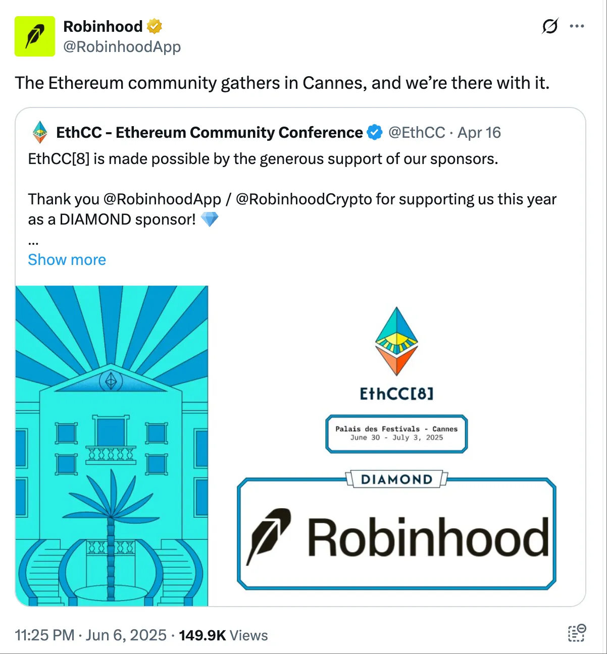 Robinhoodがカンヌで開催されるEthCC[8]をスポンサー