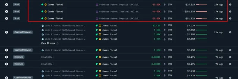 James Fickel 向 Coinbase Prime 存入 2.04 亿美元 ETH:这对加密货币意味着什么