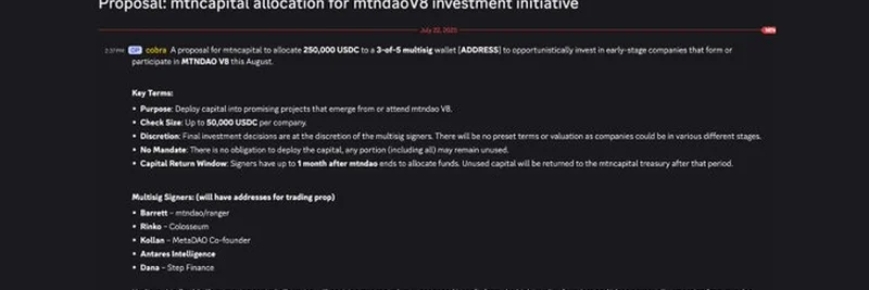 MtnDAO V8 Investment Initiative: $250K MtnCapital Allocation Unveiled