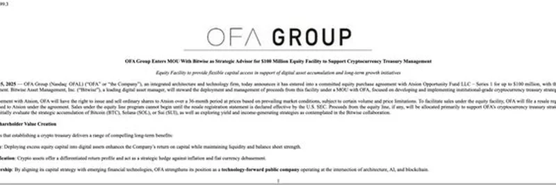 OFA 그룹, 1억 달러 규모 암호화폐 금고 전략 위해 Bitwise와 파트너십 체결