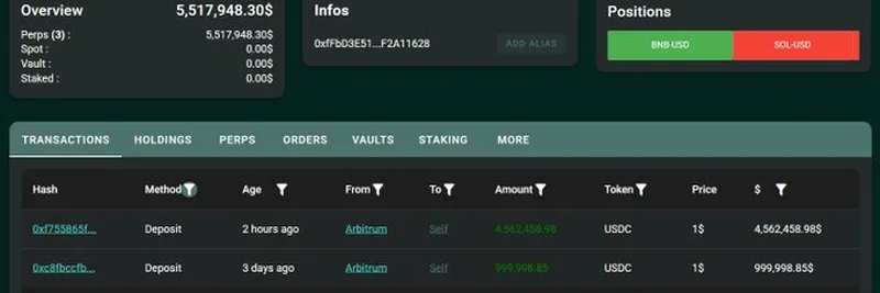 巨鲸向Hyperliquid转入560万美元USDC：BNB、SOL和ZORA的大额交易