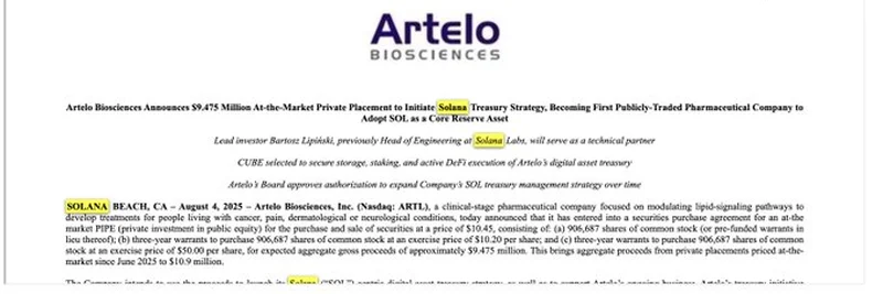 Artelo Biosciences Adopts Solana Treasury Strategy with $9.5M Investment