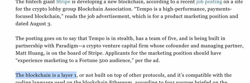 Stripe, Paradigm과 협력해 새로운 레이어 1 블록체인 'Tempo' 개발 중