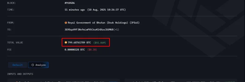 부탄 정부, 바이낸스 입금 추측 속 비트코인 9,206만 달러(799.69 BTC)를 새 지갑으로 이체