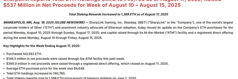 SharpLink Gaming、ETH保有を74万0760に増加：ミームトークンへの影響