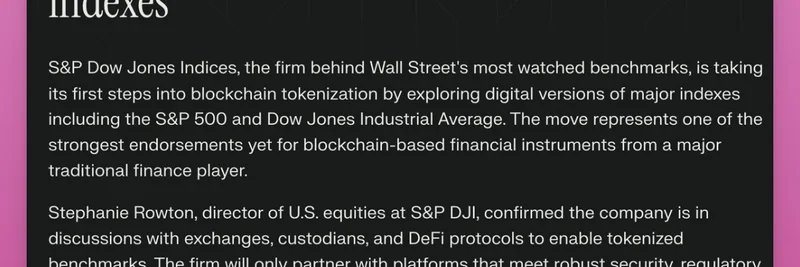 S&P Dow Jones 探索代币化：将 S&P 500 等旗舰指数带上链