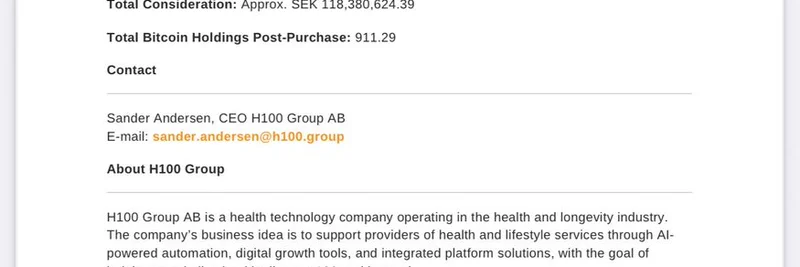 H100 Groupが102 BTCを取得、企業の暗号資産採用拡大で保有総量は911 BTCに