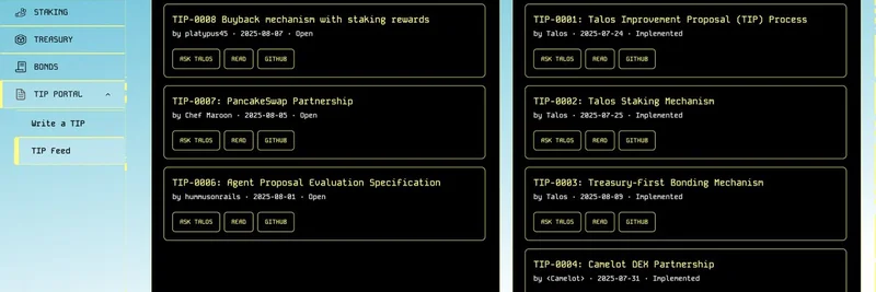 Talos、TIPポータルをローンチ：コミュニティ主導のガバナンスでAIトレジャリープロトコルを形成