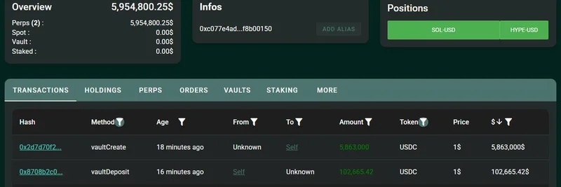 Whale Deposits $5.96M USDC into HyperLiquid: Opens Long Positions in SOL and HYPE