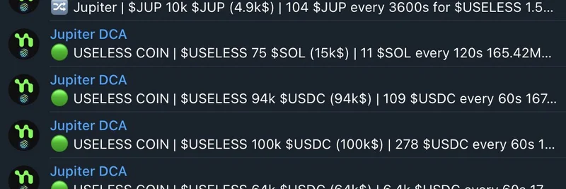 在 Solana 市场回调中通过 Jupiter 对 $USELESS 表现出逾 100 万美元的 DCA 激增：聪明资金的行动
