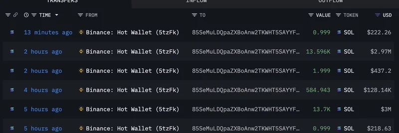 Massive SOL Withdrawals > ***- Large SOL withdrawals might mean liquidity for new meme launches or pumping existing ones on Solana.*** from Binance: Whales Gear Up for Solana Meme Token Plays?