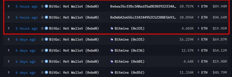 Bitmine Receives $201M in ETH from BitGo, Boosting Treasury to $9.24B