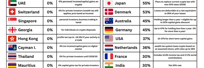世界の暗号資産税率：2025年の最低・最高国を公開