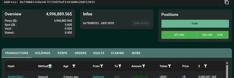 Whale Deposits $5M USDC into Hyperliquid: High-Leverage Bets on BTC, SOL, and Viral Meme Coins