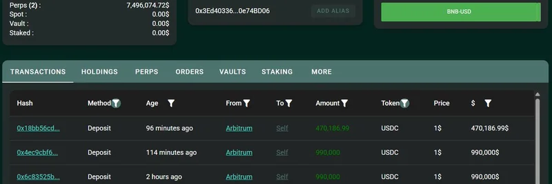 Crypto Whale Deposits $7.4M USDC into Hyperliquid, Opens 3x Leverage Longs on BNB and XPL