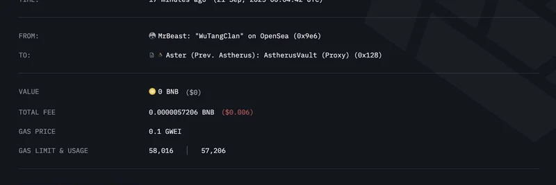 MrBeast 在 BNB Chain 对 $ASTER 投入 $114,000 USDT，引发大规模加密热潮