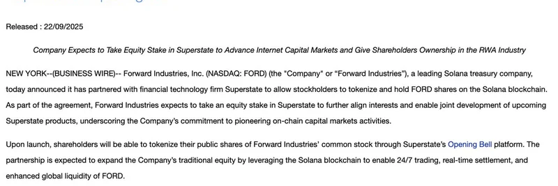 Forward Industries、Superstateと提携してSolanaブロックチェーン上で株式をトークン化