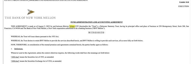 Bitwise Solana ETF Update: BNY Mellon Takes on Fund Administration Role