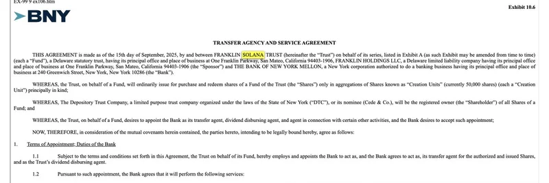 Franklin Templeton Names BNY Mellon as Transfer Agent in Latest Solana ETF Filing Update