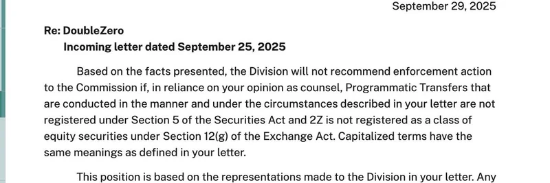 SEC Issues First No-Action Letter to DoubleZero for 2Z Token on Solana