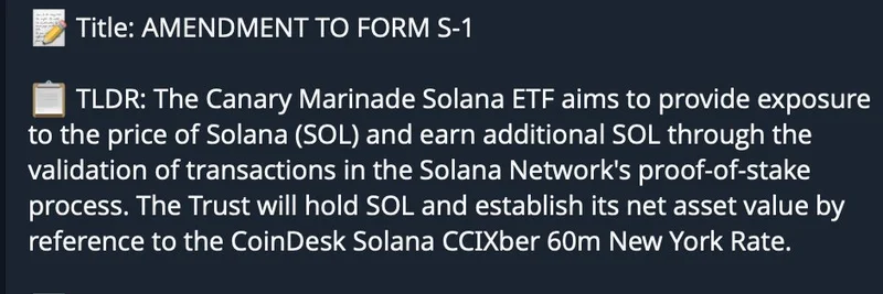 Canary Marinade Solana ETF, 수정된 S-1을 SEC에 제출: SOL 및 밈 토큰에 대한 최신 소식과 시사점