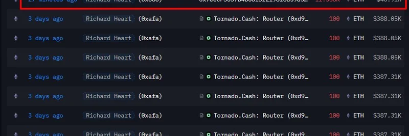 Richard Heart Moves $47M ETH to New Wallet and Tornado Cash: On-Chain Secrets Revealed