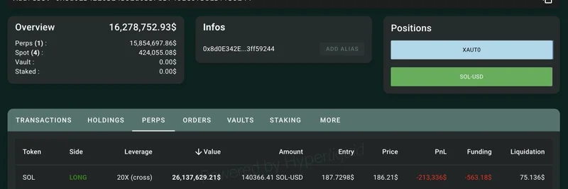 加密鲸鱼以20倍杠杆押注Solana，做多仓位价值2614万美元