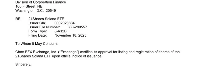 SECがCboeによる21SharesのSolana ETF承認を確認、明日ローンチへ