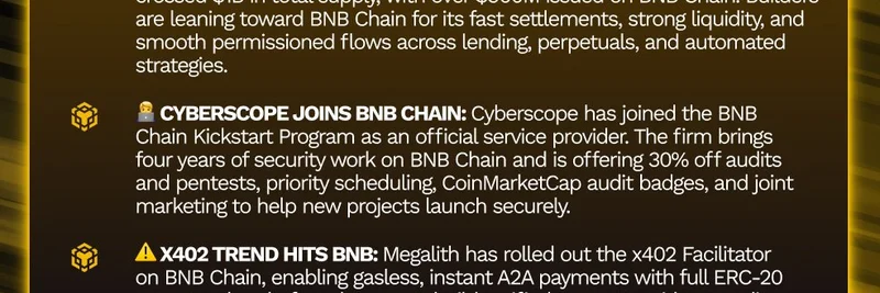 BNB Chain 최신 소식: USYC 공급 10억 달러 돌파, Cyberscope Kickstart 합류, 주요 급등 토큰