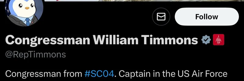 하원의원 윌리엄 티몬스, Pudgy Penguin PFP 채택: 밈 토큰이 미국 의회를 침투하다