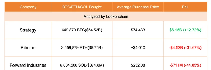 主要DAT企業の暗号資産保有：利益を出す戦略、一方でBitmineとForward Industriesは損失