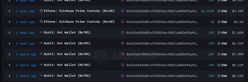 神秘巨鲸还是 Ethena 团队？大量 285M ENA 代币从 Bybit 与 Coinbase 被提走