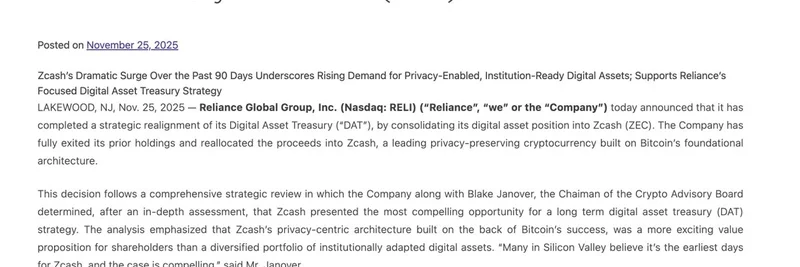Reliance Global Group 将国库集中到 Zcash：引发对隐私迷因代币的关注