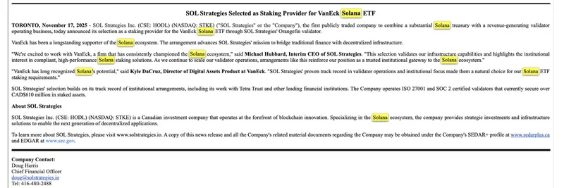 Solana ETF 新闻：SOL Strategies 被选为 VanEck 的 Staking 提供方