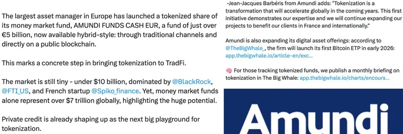 Amundi, 50억 유로 머니마켓 펀드를 이더리움에 토큰화: TradFi와 크립토 연결