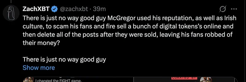 코너 맥그리거, 카비브에게 NFT 러그풀 혐의 제기 — ZachXBT가 즉시 $REAL 토큰 위선 폭로